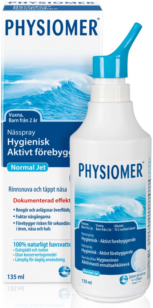 A nasal spray bottle labeled 'Physiomer' with a blue cap, next to its packaging box, both feature ocean wave images.