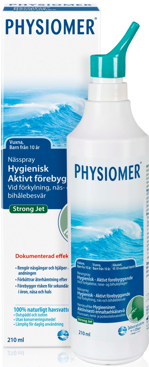A white spray bottle labeled 'PHYSIOMER' with a teal nozzle, standing in front of its box, both with water waves images.