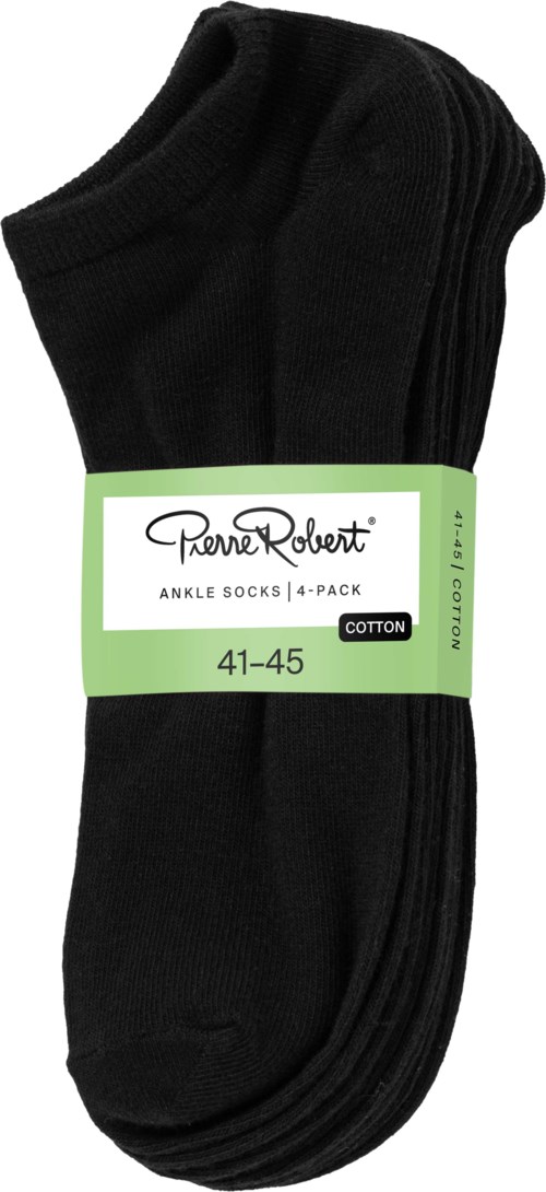 Black ankle socks stacked together with a green label showing size 41-45 and cotton material.