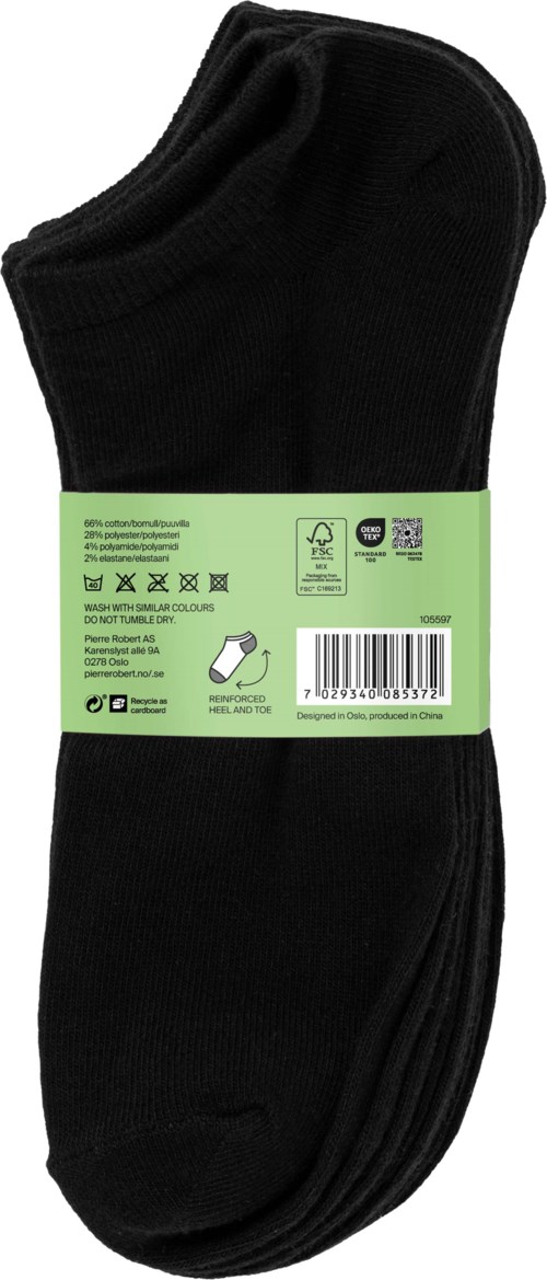 A pack of black socks with a green label, including washing instructions and bar code.