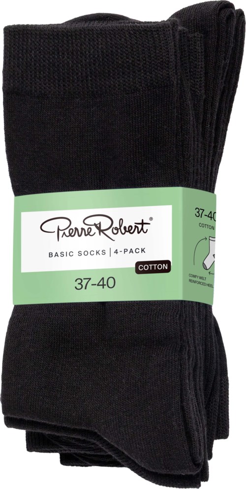 A pack of four black cotton socks, size 37-40, with a green paper label, showing the brand Pierre Robert.