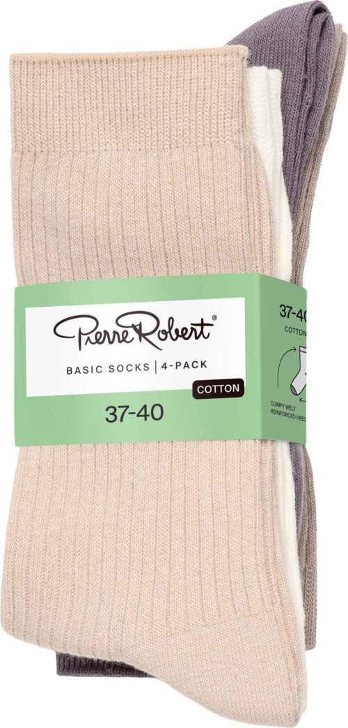 Set of four basic cotton socks in beige, white, light purple, and dark purple, with packaging label included.