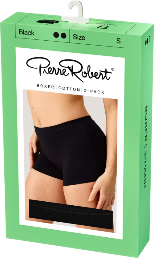 Schachtel mit zwei Paar schwarzen Baumwoll-Boxershorts, Größe S, von Pierre Robert. Zeigt eine Frau im Tragen eines.