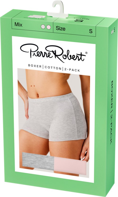 Packung mit Pierre Robert Baumwoll-Boxershorts, Größe small, mit einem Model in grauen Shorts auf der Verpackung.