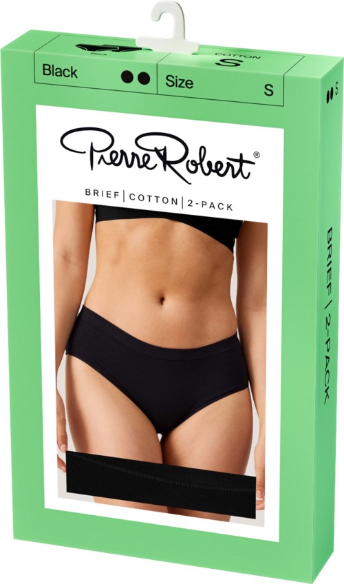 Grüne Verpackung für Damens Baumwollunterwäsche, zeigt ein Modell in schwarzen Pantys auf der Vorderseite.