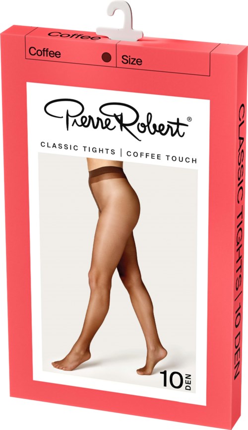 Eine Packung Pierre Robert Strumpfhosen mit einem Modell, das braune Strümpfe trägt, Fokus auf Beine.