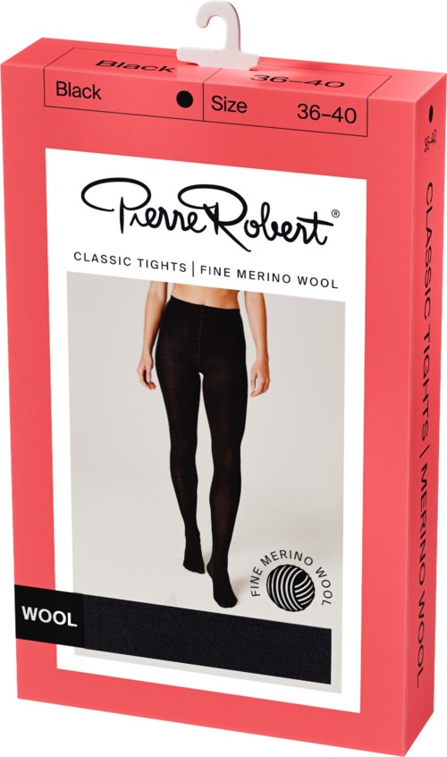 A box of black tights made from fine merino wool, with a picture of a woman wearing them on the front.
