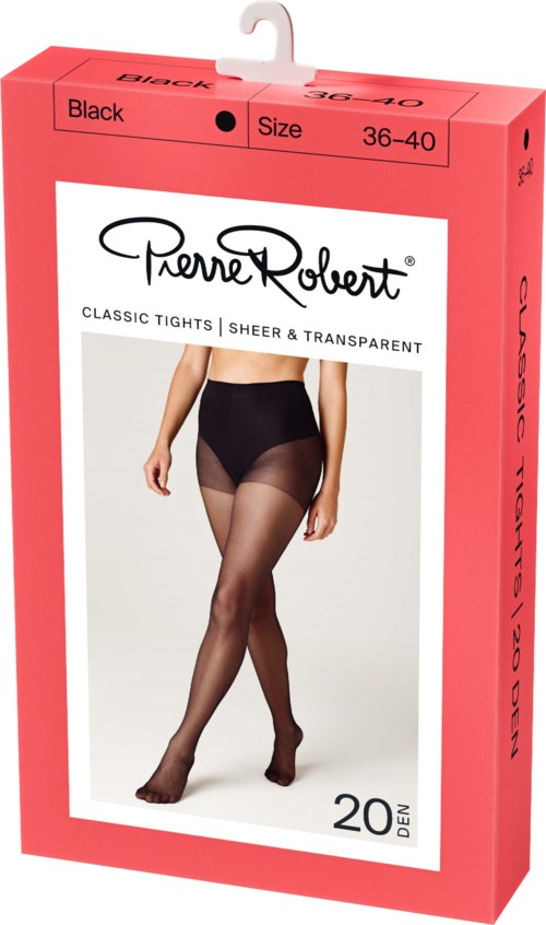 Verpackung zeigt eine Frau in schwarzen Strumpfhosen, gelistet als klassisch, durchsichtig und transparent, mit 20 Den.