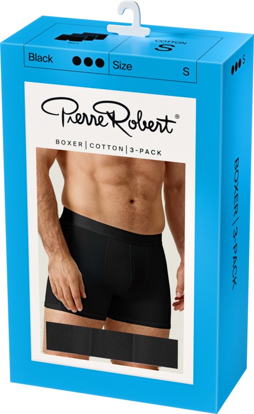 Blaue Schachtel mit Modell in schwarzer Unterwäsche auf der Vorderseite, Markenname Pearl Robert, 3er-Pack Männer boxer.