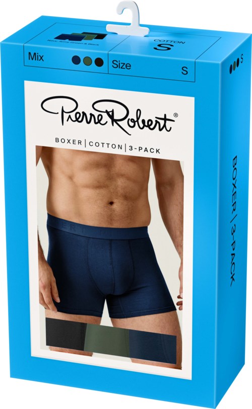 Blaue Verpackung für Herren Baumwollboxershorts, zeigt einen Mann in dunkelblauen Boxershorts.