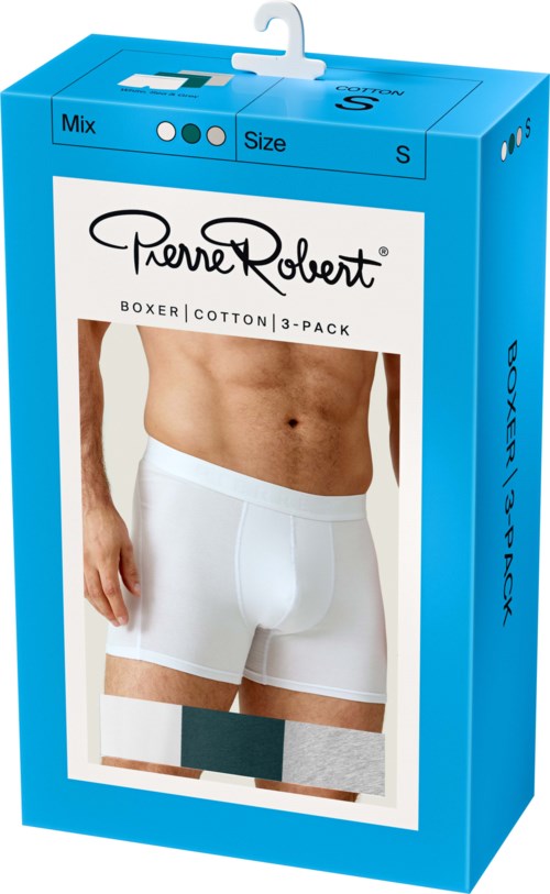 Blaue Verpackung mit weißen Herrenboxershorts, zeigt die Taille eines Mannes für Größe und Passform.