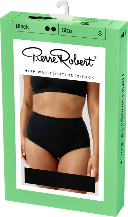 Verpackung zeigt hoch taillierte Baumwollunterwäsche für Frauen, schwarze Farbe, kleine Größe, Zwei-Pack, mit einer Frau, die eine trägt.