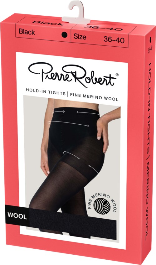 En box med Pierre Robert svarta tight-tights, storlek 36-40, av fin merinoull, visas med en person som bär dem.