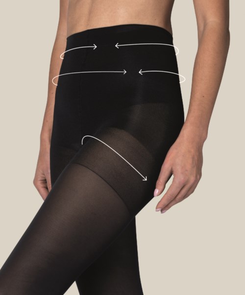 Eine Frau trägt schwarze Strümpfe und hoch taillierte Shorts, mit Pfeilen, die auf Taille und Oberschenkel zeigen. Der Hintergrund ist schlicht.