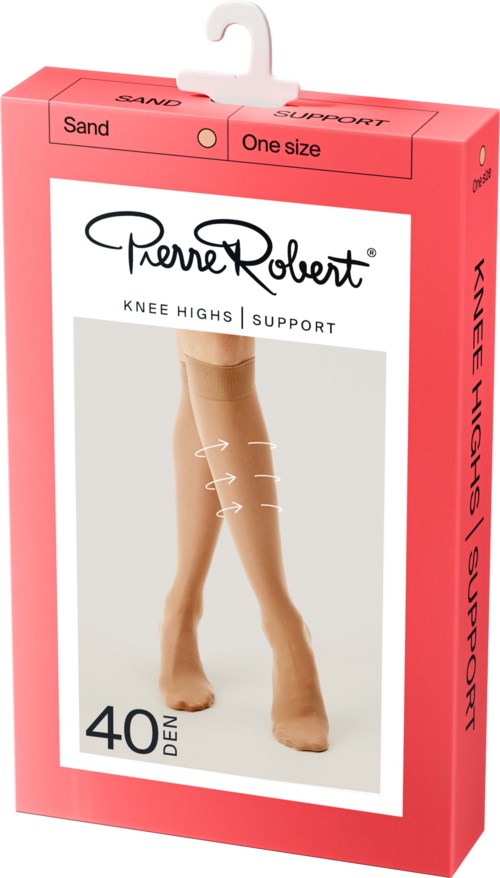 En rosa eske inneholder knee-high-støtte strømper fra Pierre Robert, størrelse one, i sandfarge, med 40 denier.