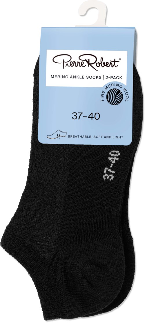 Svarta ankelsockor med vit text och etikett, passar storlekar 37-40, gjorda av merinoull, andningsbara och mjuka.
