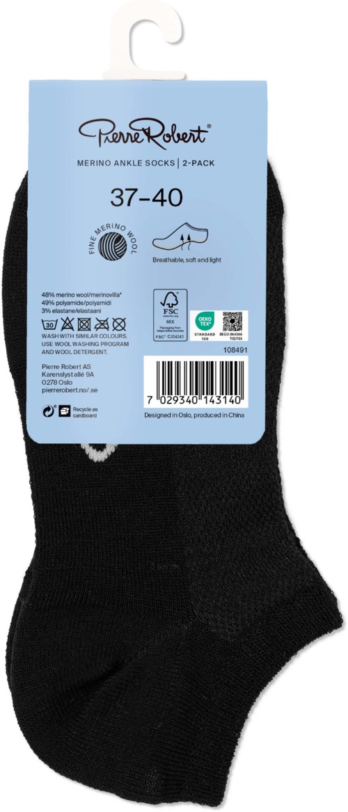 Svarta ankelsockor i förpackning med blå etikett som visar storlek 37-40 och märket Premier Robert.
