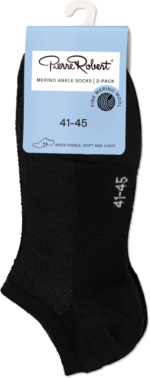 Svarta ankelsockor med storleksmärkning 41-45 och Pierre Robert-märkning på förpackningen.