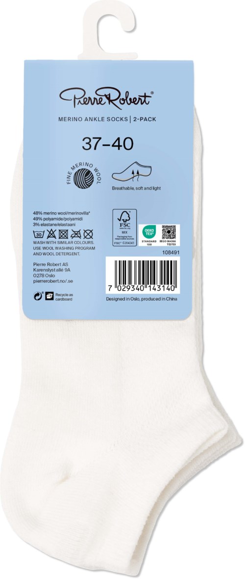 White ankle socks with a blue label, size 37-40, made of merino wool, 2-pack, and eco-friendly.