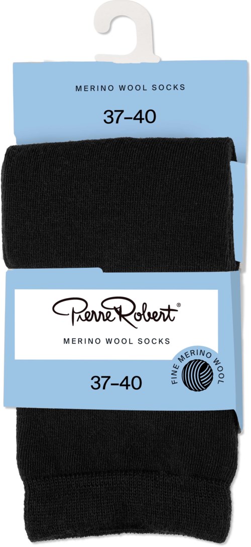 A pair of black wool socks on packaging marked with size 37-40. The label shows brand and material details.