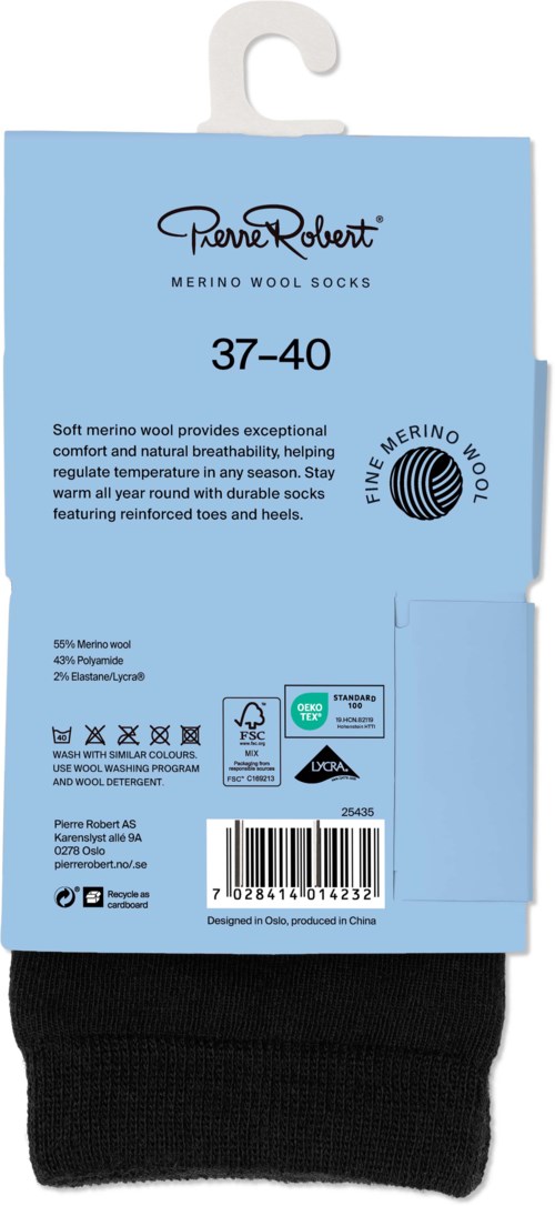 Blue package of Pierre Robert wool socks with black socks inside, size 37-40, and various care symbols.