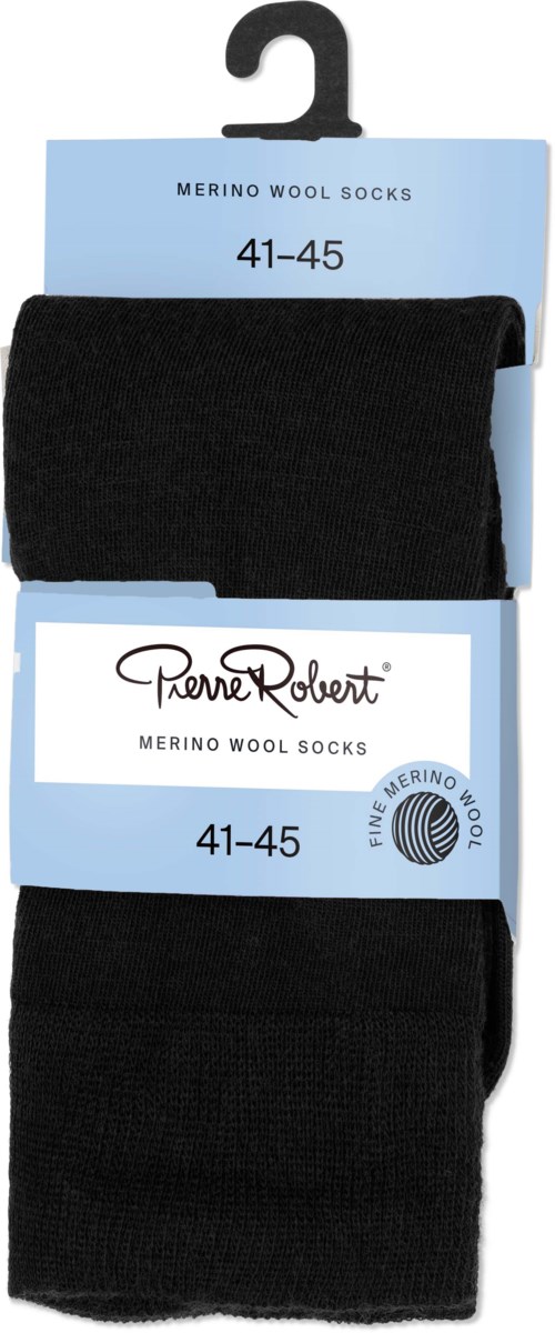 Black wool socks bundled with a label that reads Merino wool, size 41-45, and a brand name.