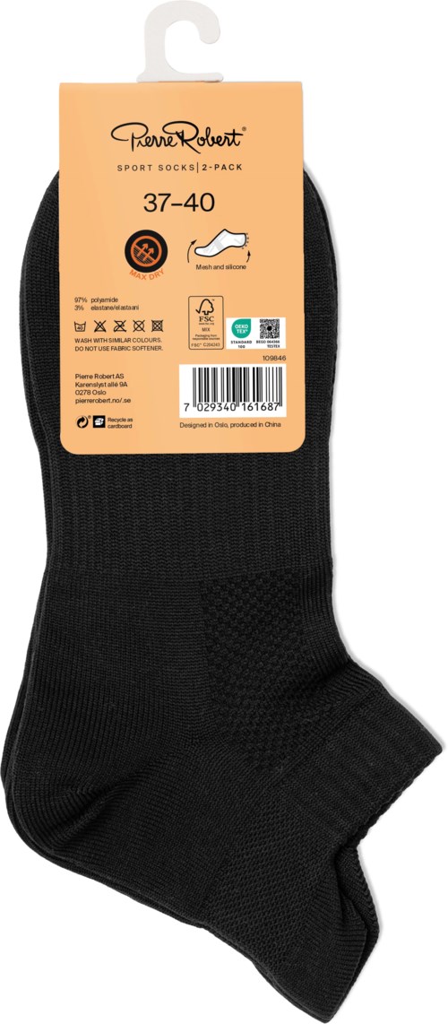 Ett par svarta sportstrumpor med förpackning som visar storlek 37-40 och varumärket Pierre Robert.
