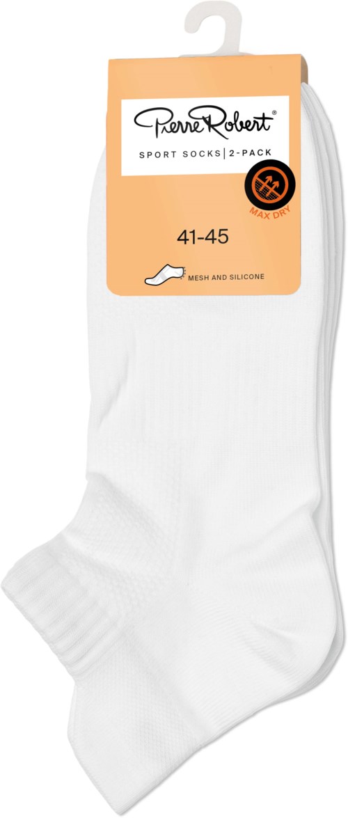 Vita sportstrumpor i ett paket, märkt med storlek 41-45, gjorda av mesh och silikon.