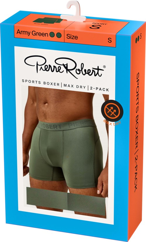 Verpackung mit Herren-Sportboxershorts in Armeegrün mit Bund und Produktdetails.