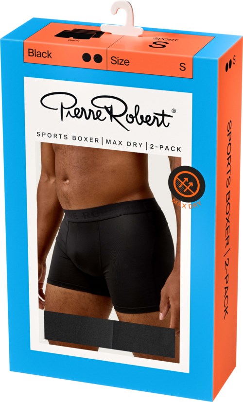 Verpackung für Herren-Sportboxershorts, schwarz, Größe S, mit Bild eines Mannes, der sie trägt.