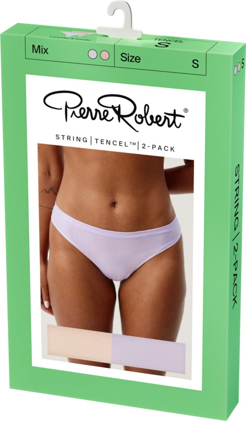 Verpackung zeigt eine Frau in weißen Unterwäsche, Markenname Pierre Robert, und eine grüne Box mit Produktdetails.