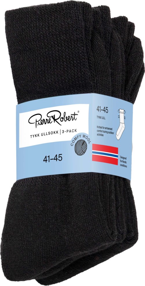 A pack of three black socks labeled with size 41-45 and Norwegian flag. The label features the brand Pierre Robert.