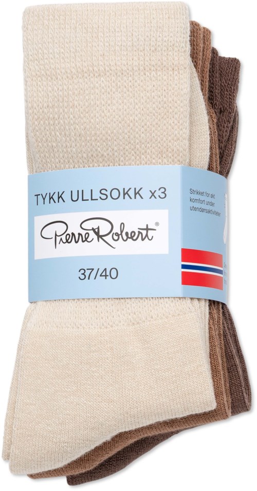 Three pairs of thick socks in cream, brown, and dark brown colors, with a blue label showing size 37/40.