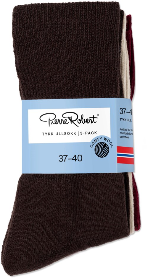 A pack of three brown thick wool socks with branding and size 37-40 label.