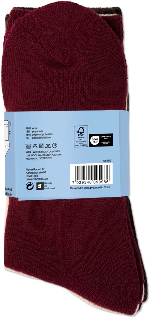 Maroon knit socks with blue and white product label wrapped around. Instructions and barcode visible.