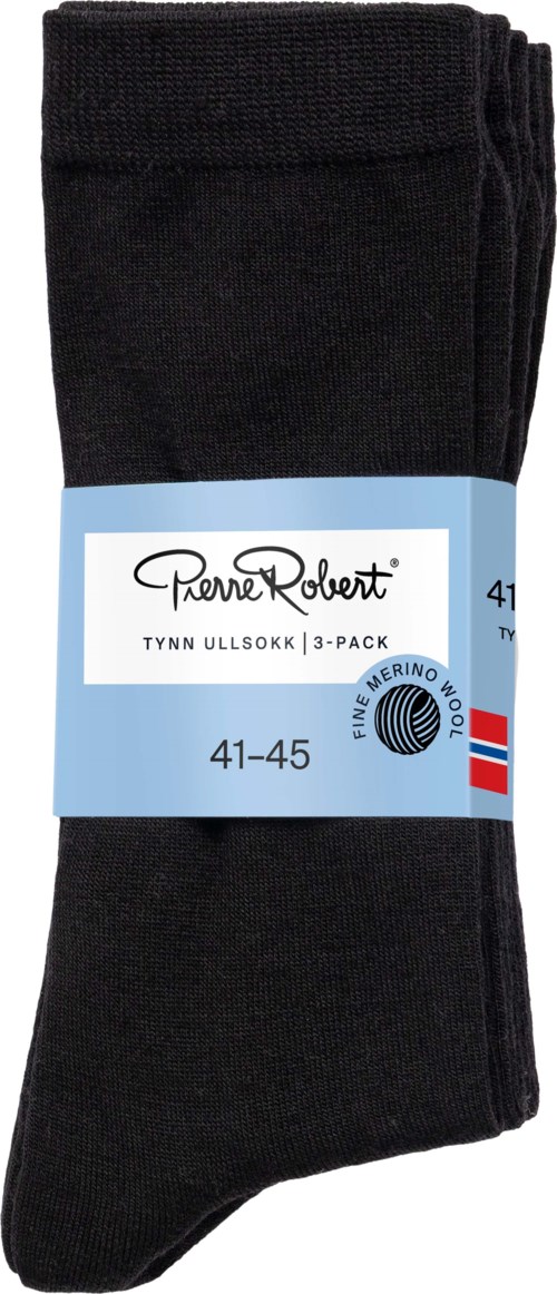 A pair of black socks with a light blue label showing size 41-45 and brand Pierre Robert.