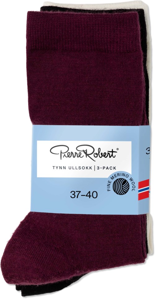 Et par burgunderfargede sokker med en blå og hvit etikett som viser størrelse 37-40 og merket Pierre Robert.