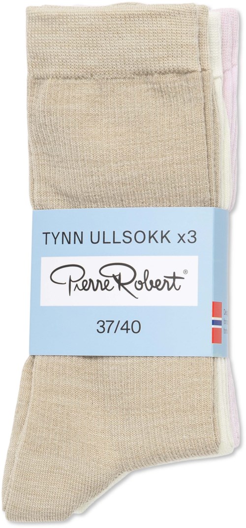 Set of three beige Tynn Ullsokk socks in size 37/40, with packaging label showing brand Pierre Robert.