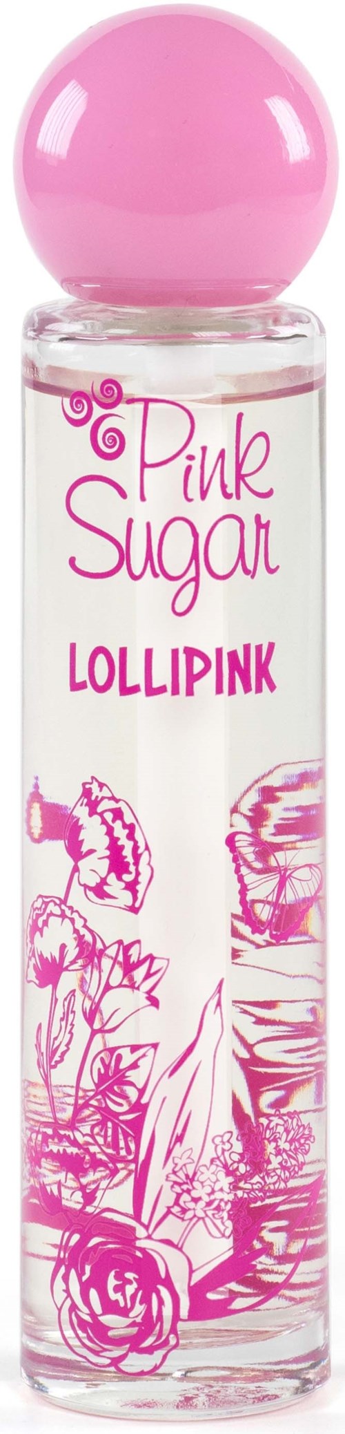 Een doorzichtige sprayfles met een roze dop en roze tekst, versierd met tekeningen van bloemen en snoep.