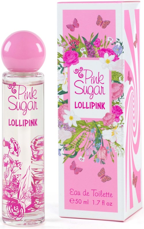 Een parfumfles en doos met roze bloemen, vlinders en de tekst "Pink Sugar LOLLIPINK" op een witte achtergrond.