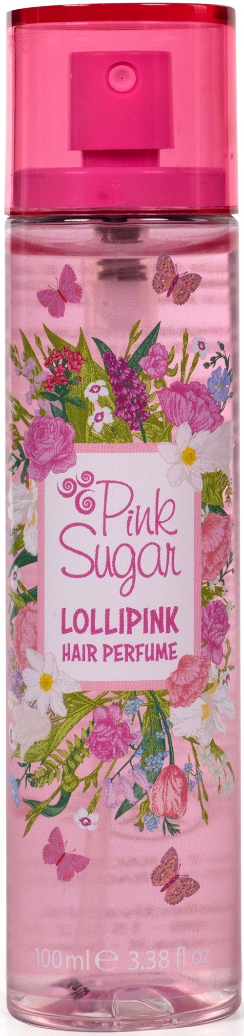 Roze sprayfles met bloemen- en vlinderdetails, gemarkeerd 'Pink Sugar Lollipop Hair Perfume'.