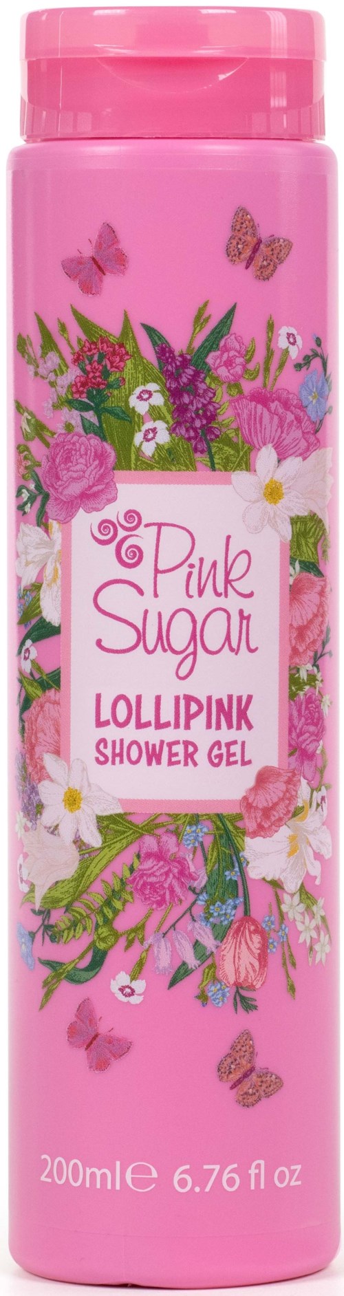 Roze flesje van Pink Sugar Lollipop douchegel met bloemen en vlinders.