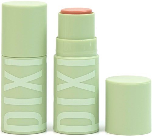 Een groene DIXIK-kosmetische stick met een open deksel die een roze product onthult.