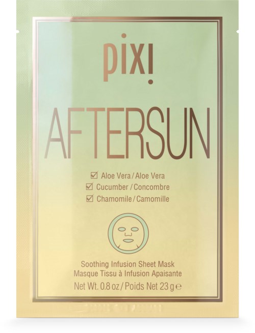 En ansiktsmaskförpackning med ingredienser: aloe vera, gurka, kamomill. Det är en lugnande infusion sheets masker.