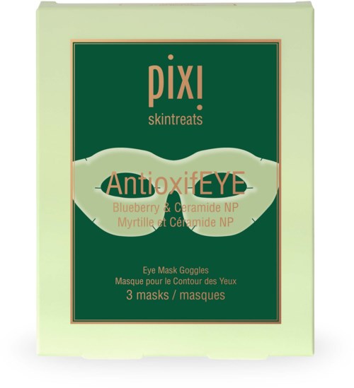 Green box contains three eye mask goggles with blueberry and myrtle ingredients for antioxidant protection.