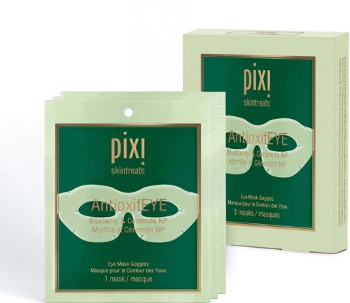 Two boxes of eye masks with blueberries, ceramide, and myrtle extract for skincare. One mask in each box.