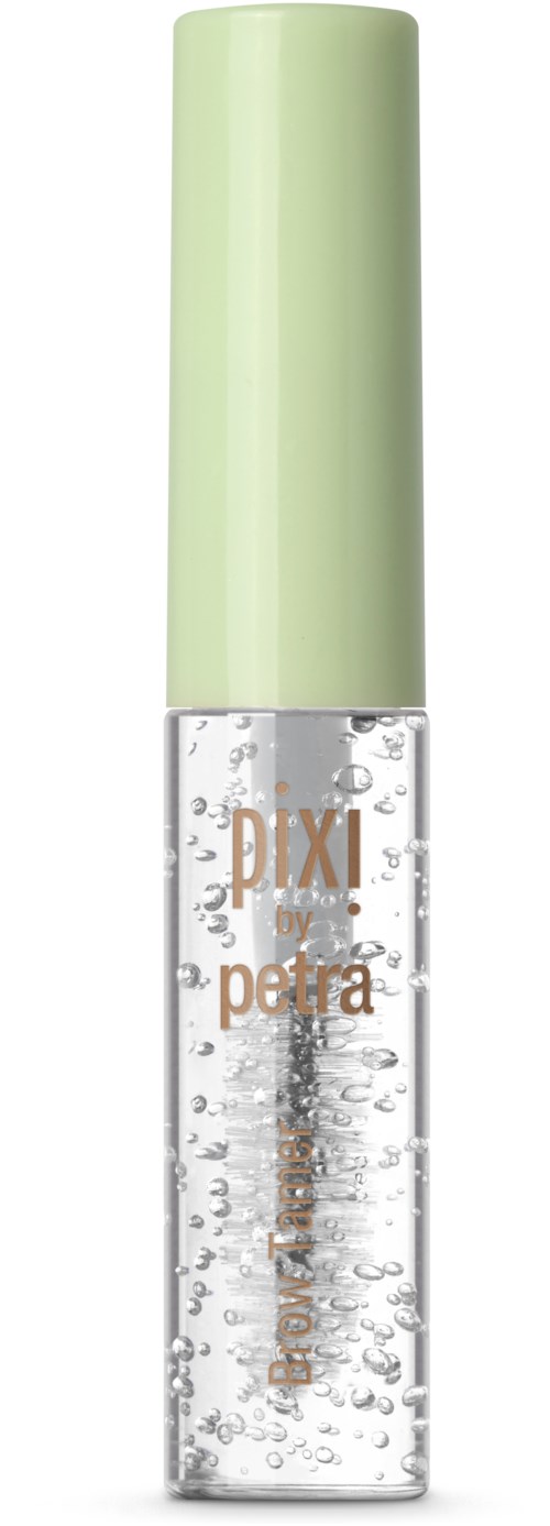 A clear lip gloss with bubbles inside and a light green cap.