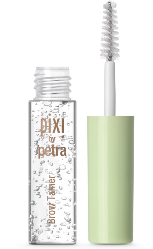 A transparent bottle with bubbles and a green cap, containing liquid called "Pixi Brow.
