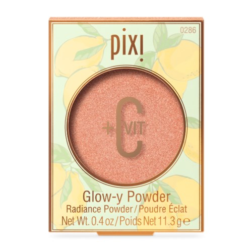 Verpackung eines Make-up-Produkts mit Pfirsichen und Blättern, beschriftet 'Pixi', enthält Glow-y Puder mit Vitamin C.