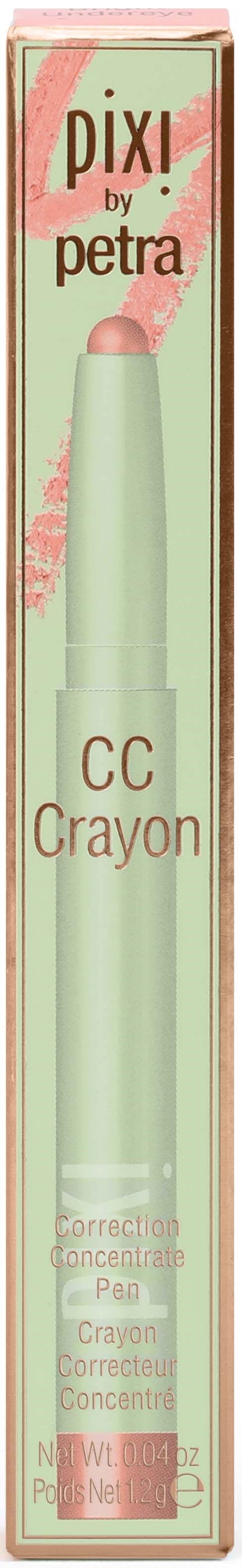 Ein grüner, stiftförmiger Make-up-Artikel in einer hohen, rechteckigen Schachtel. Text liest 'Pixi by Petra', 'CC Crayon'.